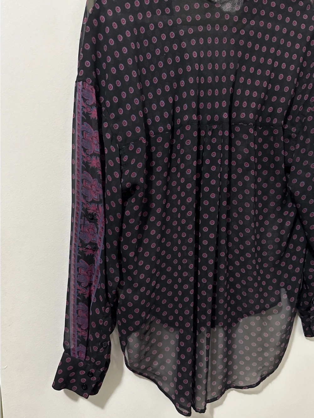 #302 FREE PEOPLE Black Sheer Button-Down Shirt with Purple Dot Print - Picture 3 of 8